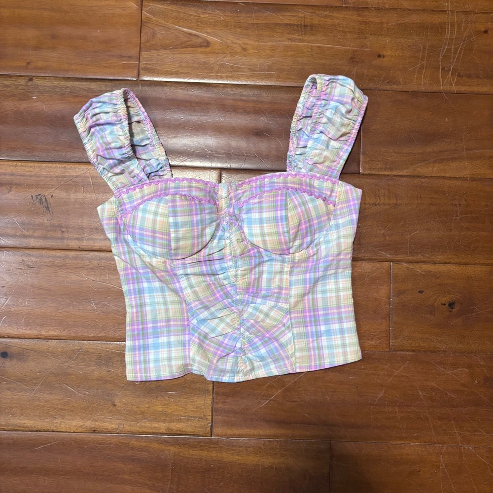 Pastel Plaid Bustier Corset Top | Y2K Fairycore Coquette Crop | Size S